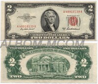 США 2 доллара 1953 год. Президент Джефферсон. Красная печать. Серия А.  AUNC
